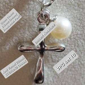 VANTEL PEARLS CROSS CHARM & 20" STERLING CHAIN